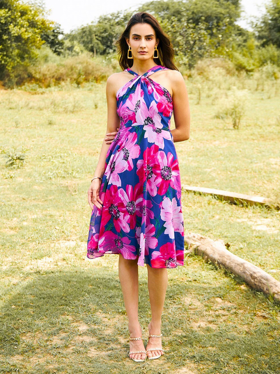 

MABISH by Sonal Jain Floral Printed Halter Neck Georgette Fit & Flare Dress, Blue