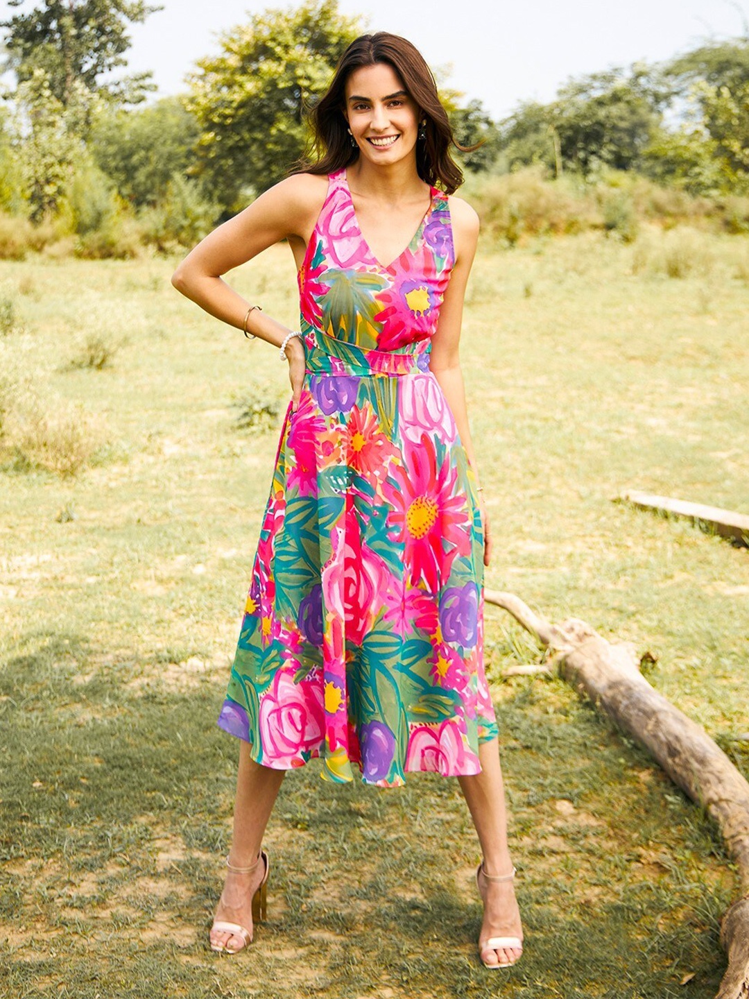 

MABISH by Sonal Jain Floral Printed Georgette Fit & Flare Midi Dress, Pink