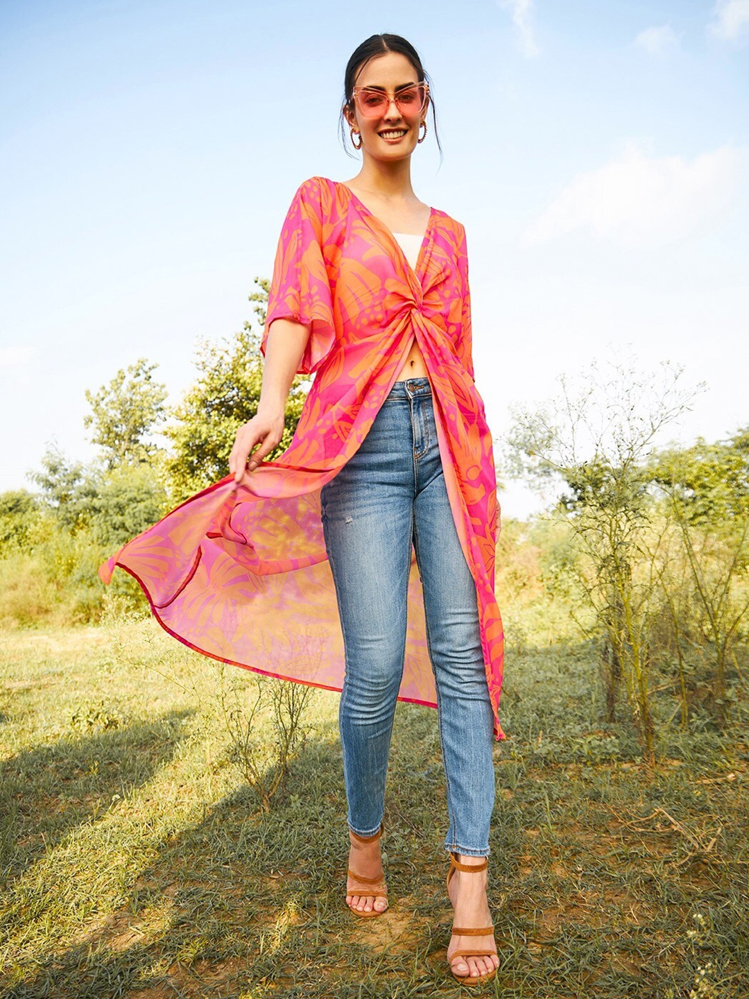 

MABISH by Sonal Jain Floral Print Georgette Twisted Longline Top, Pink
