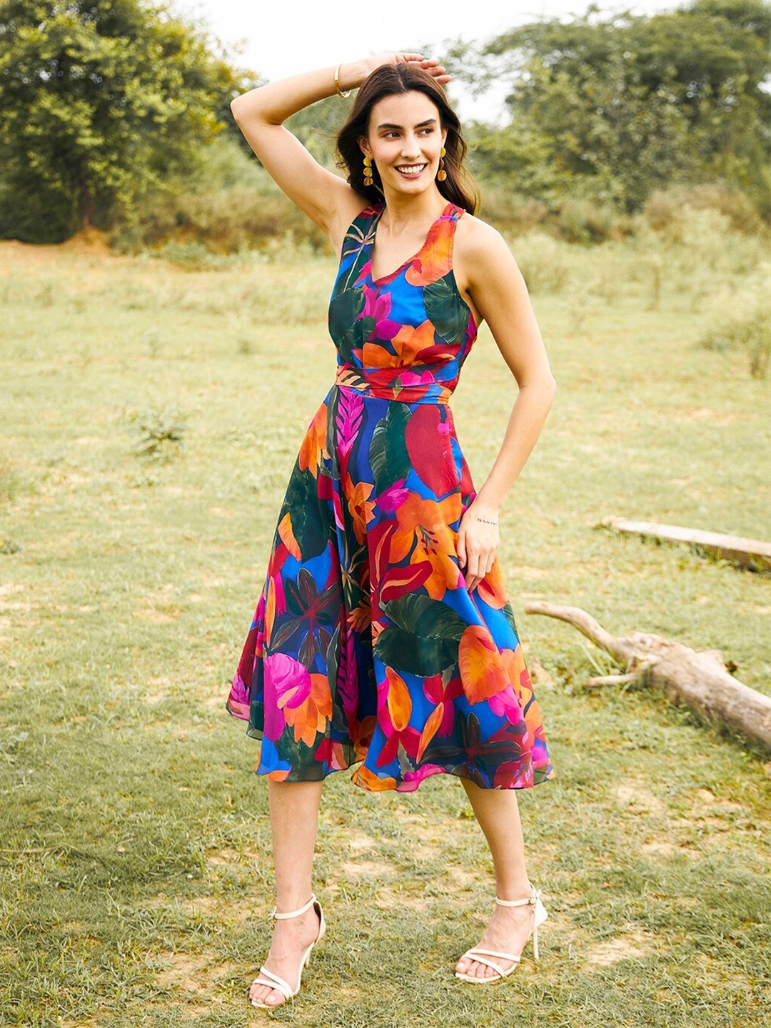 

MABISH by Sonal Jain Floral Printed Tie Ups Georgette Fit & Flare Midi Dress, Green