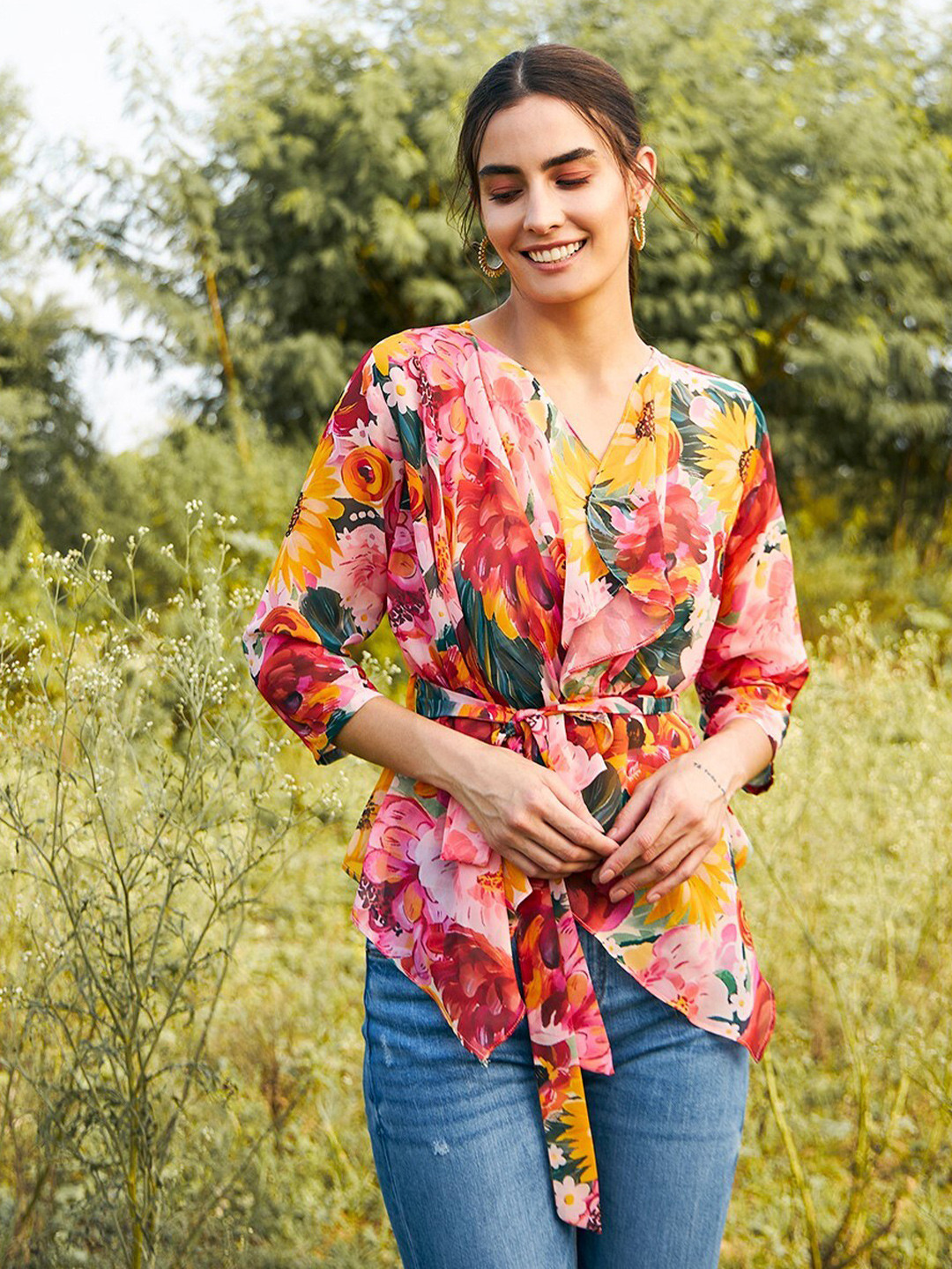 

MABISH by Sonal Jain Floral Print Georgette Asymmetric Hem Top, Pink