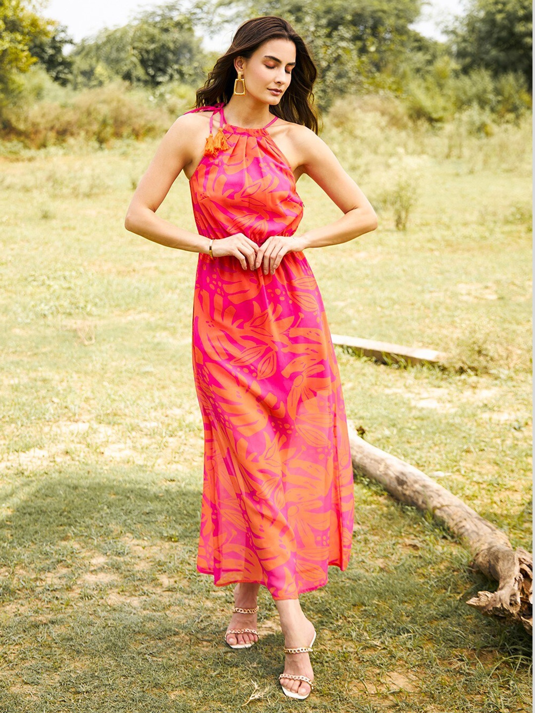 

MABISH by Sonal Jain Tie and Dye Print Georgette Fit & Flare Midi Dress, Pink