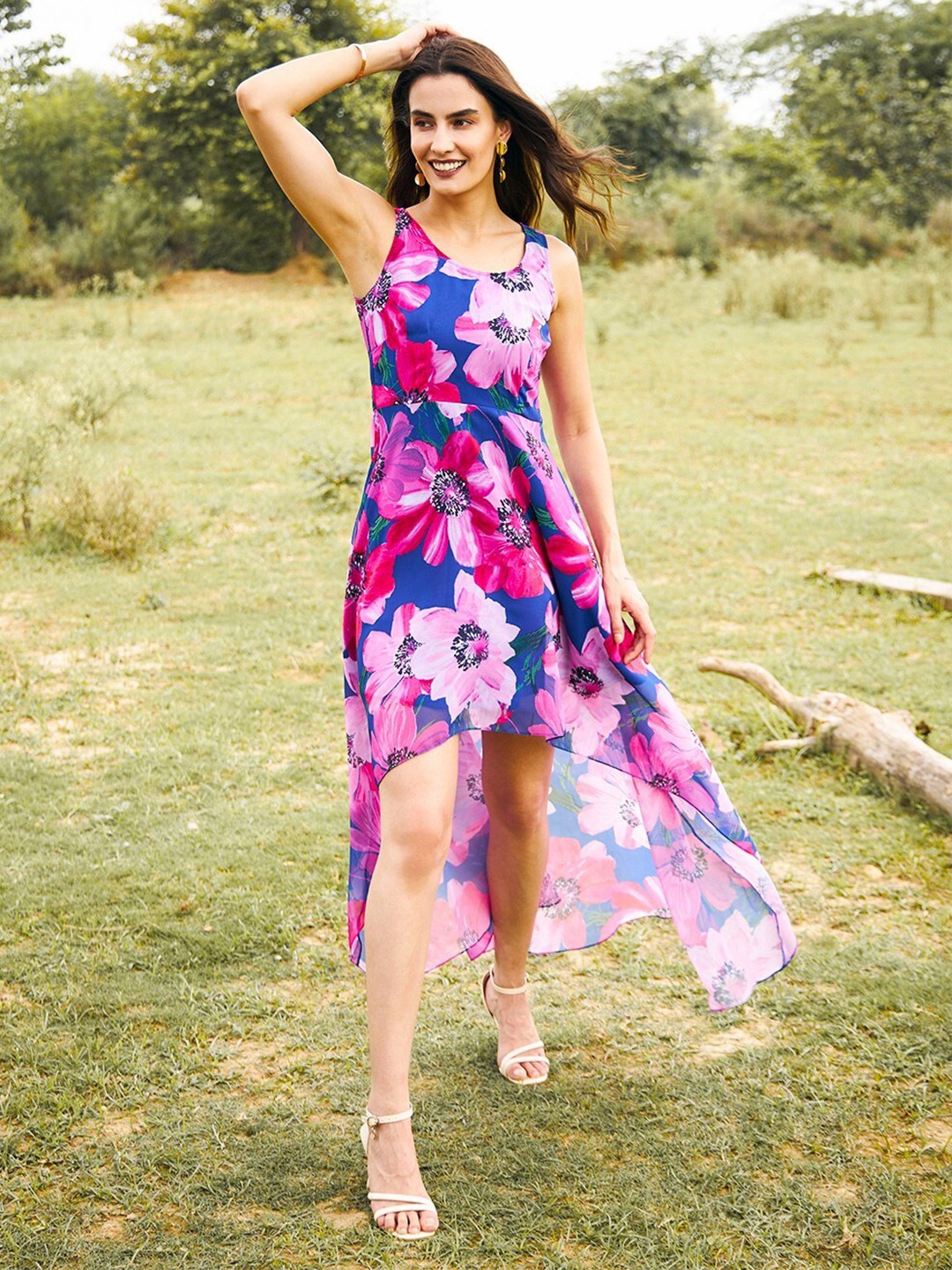 

MABISH by Sonal Jain Floral Printed Georgette Fit & Flare High Low Dress, Blue