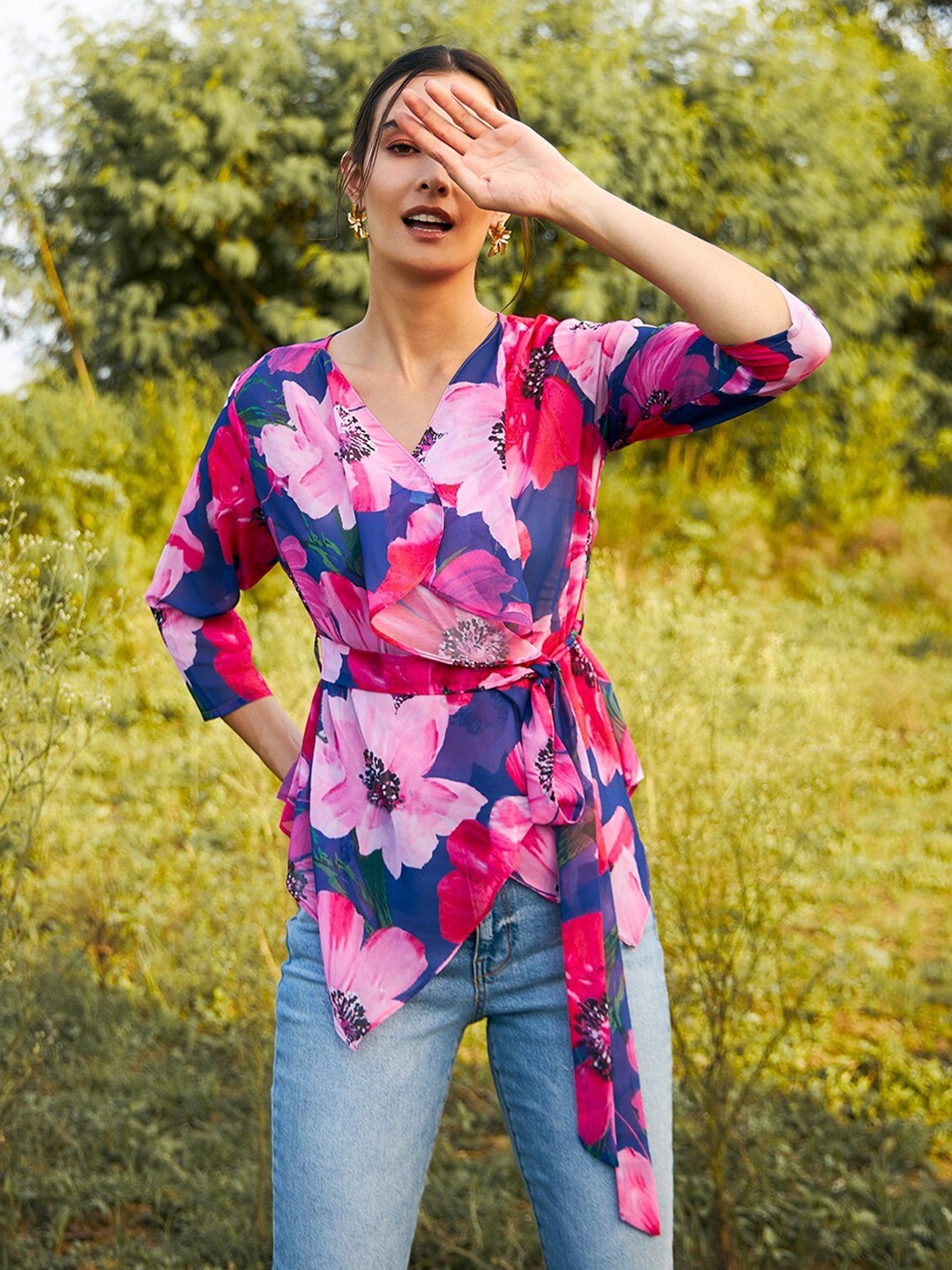 

MABISH by Sonal Jain Floral Printed Georgette Asymmetric Longline Wrap Top, Blue