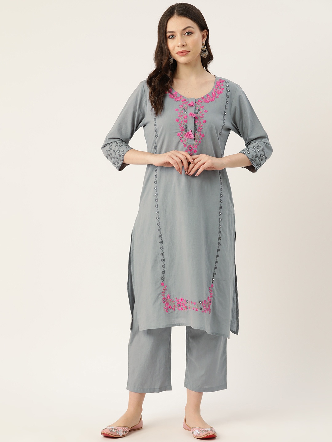 

MISRI Floral Embroidered Regular Mirror Work Pure Cotton Kurta with Trousers, Grey