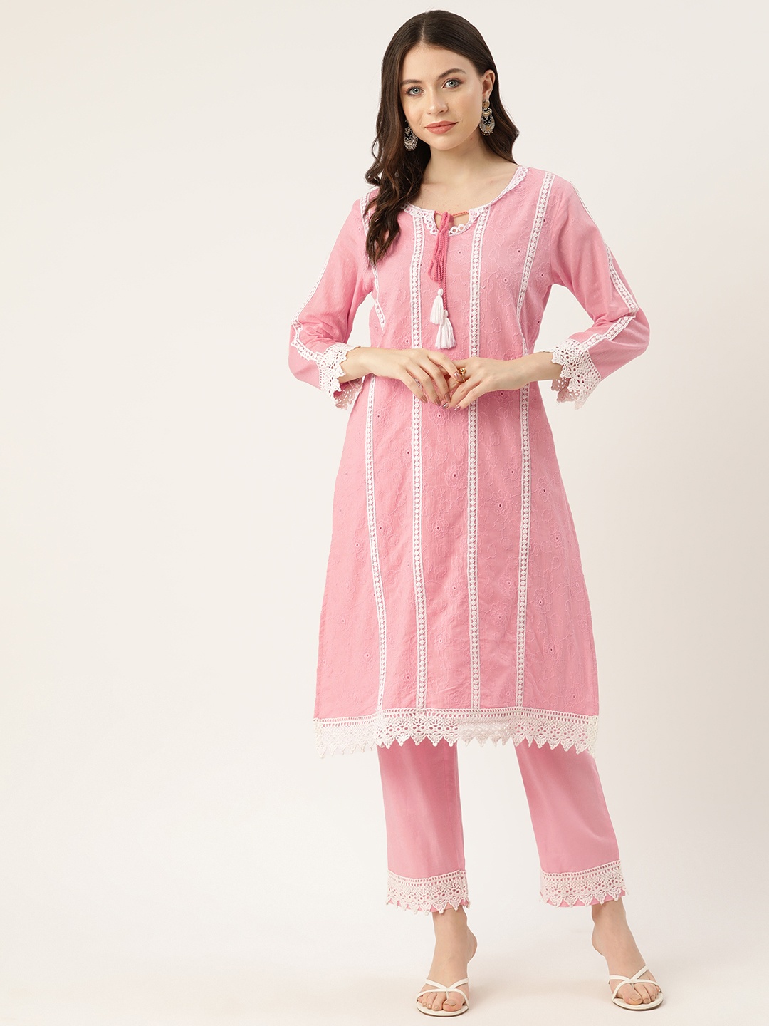 

MISRI Floral Embroidered Regular Thread Work Pure Cotton Kurta with Trousers, Pink