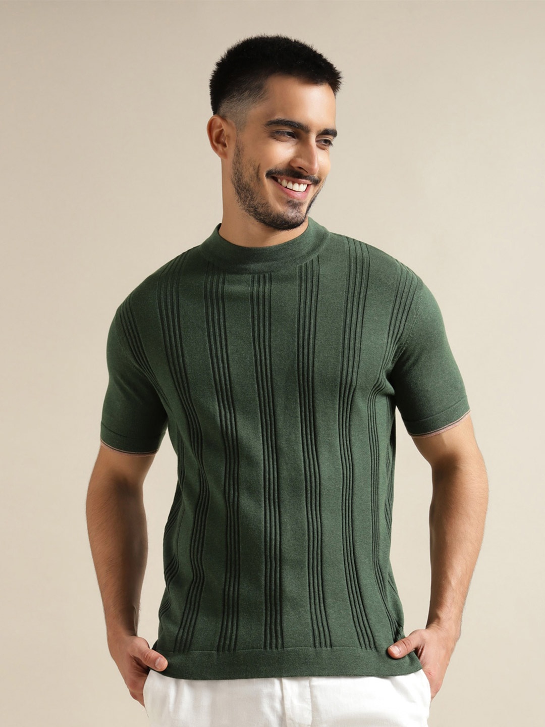 

Andamen Striped High-Neck Cotton T-Shirt, Green
