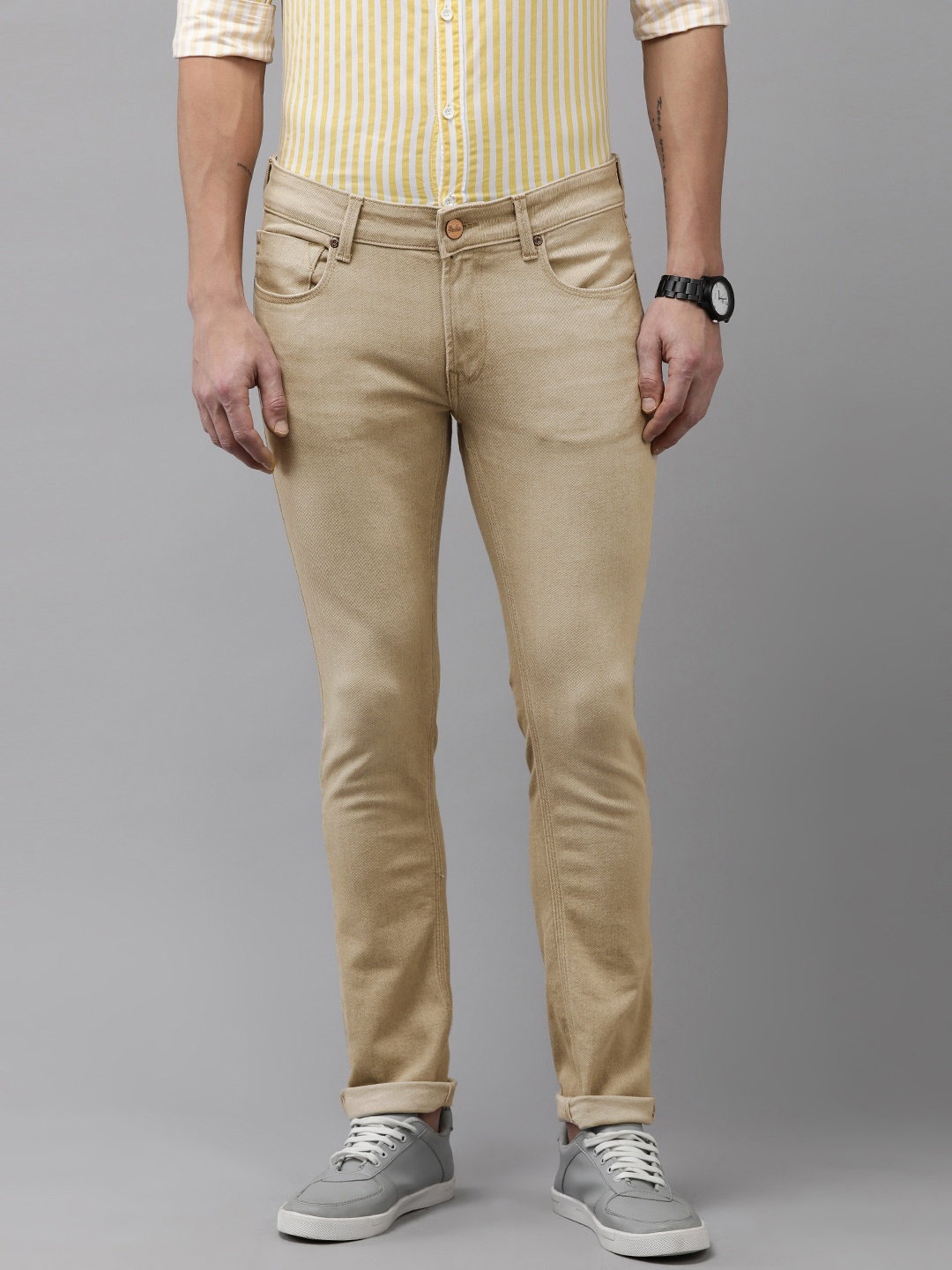 

SPYKAR Men Skinny Slim Fit Low-Rise Light Fade Stretchable Jeans, Camel brown