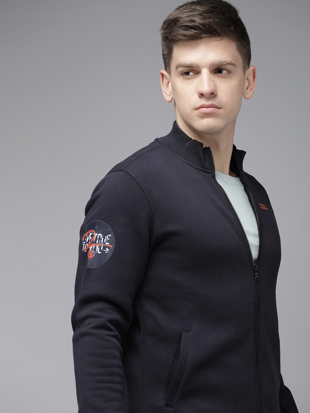 

SPYKAR Solid Front-Open Sweatshirt, Navy blue