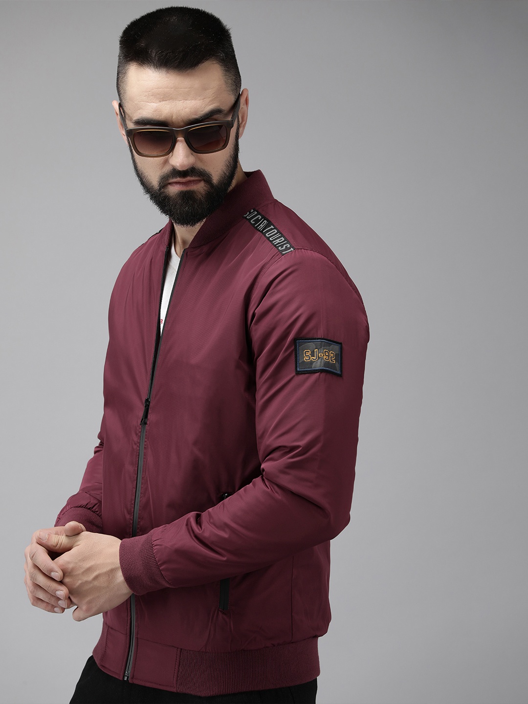 

SPYKAR Solid Lightweight Bomber Jacket with Patchwork Jacket, Maroon