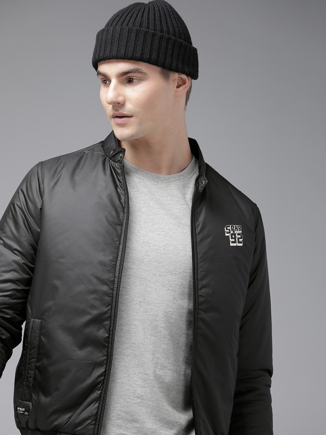 

SPYKAR Brand Logo Printed Lightweight Bomber Jacket, Black