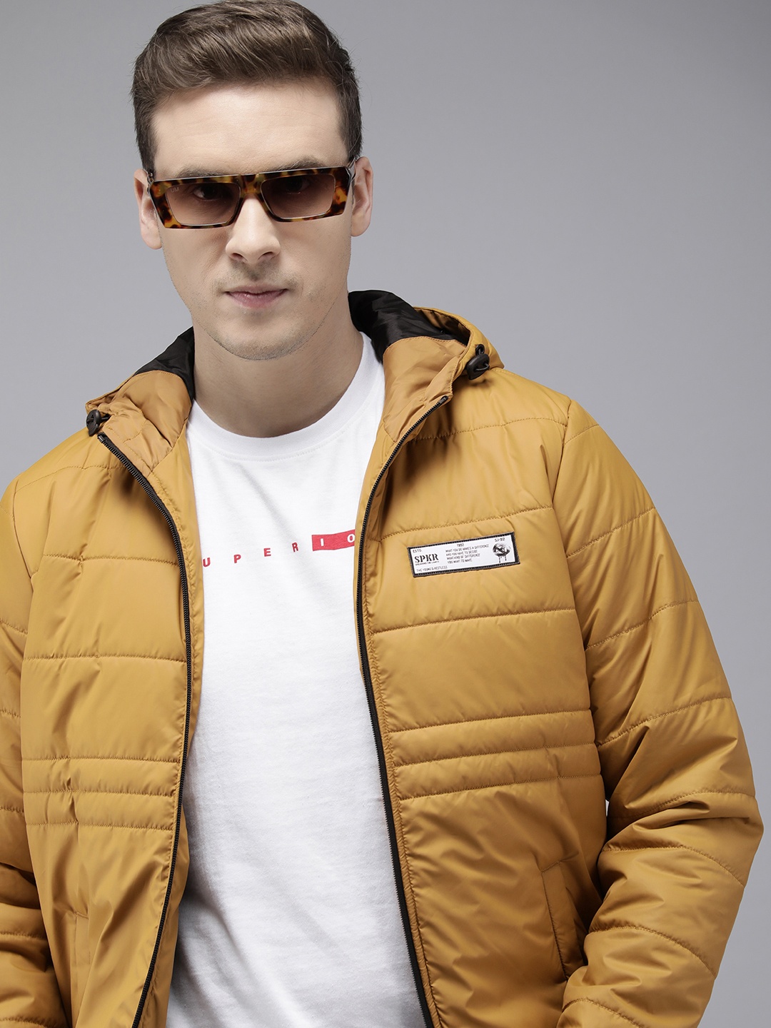 

SPYKAR Solid Insulator Outdoor Hooded Puffer Jacket, Mustard