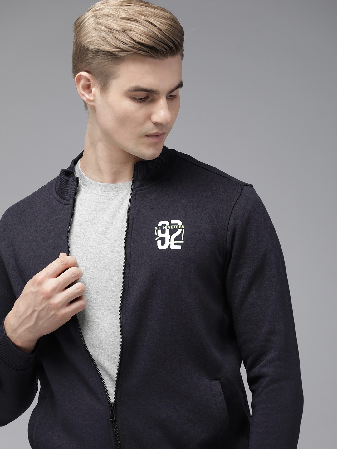 

SPYKAR Solid Front-Open Sweatshirt, Navy blue