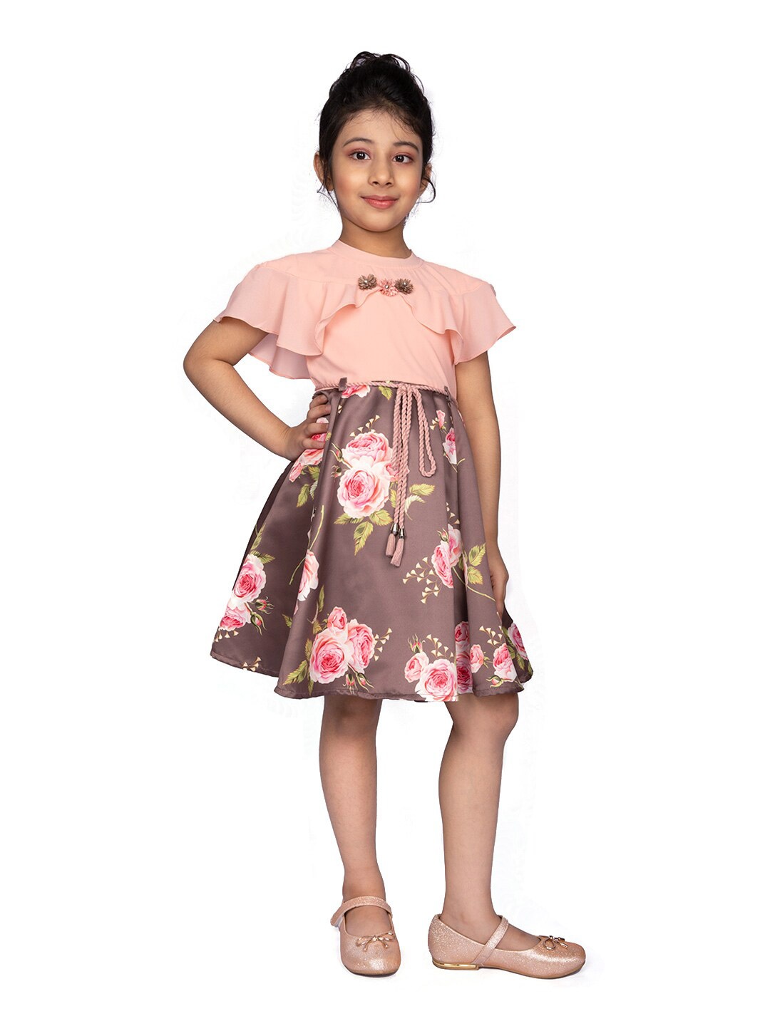 

Peppermint Floral Printed High Neck Cape Sleeves Satin Fit & Flare Dress, Brown