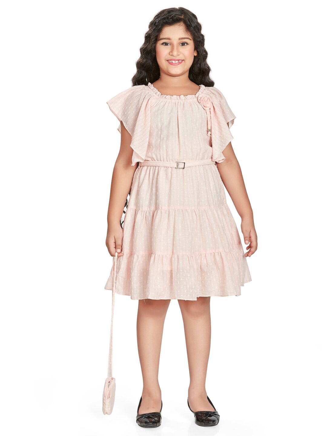 

Peppermint Self Design Square Neck Flutter Sleeves Gathered A-Line Dress, Peach