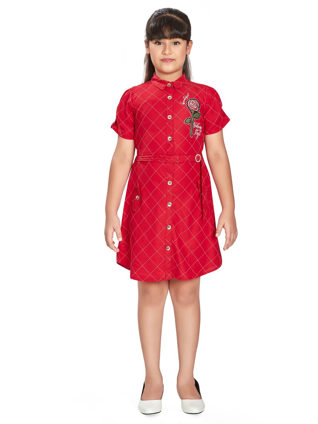 

Peppermint Checked Shirt Collar Puff Sleeves Embroidered Cotton Casual Shirt Dress, Maroon