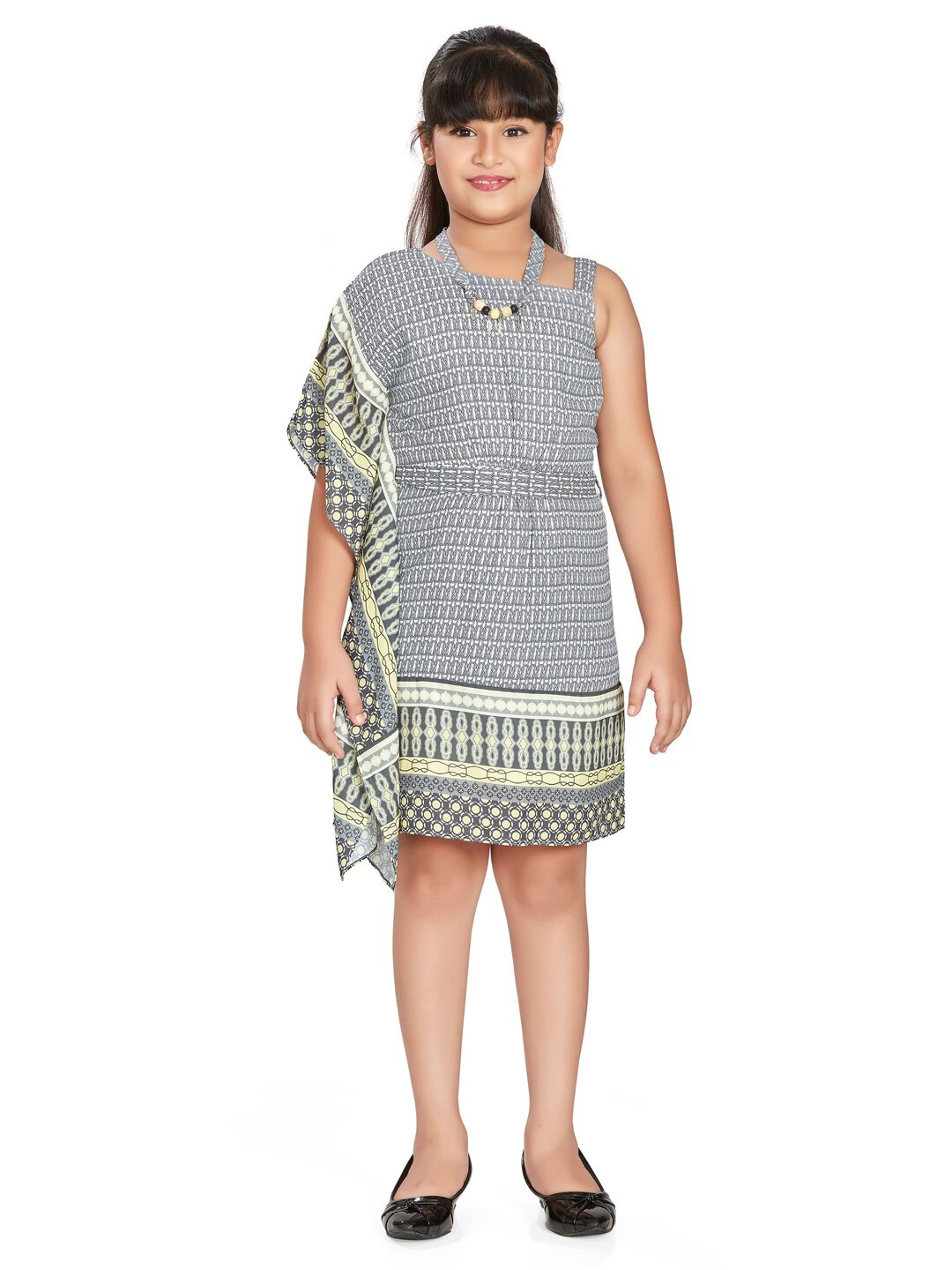 

Peppermint Girls Geometric Printed Tie Ups Cotton Kaftan Dress, Grey