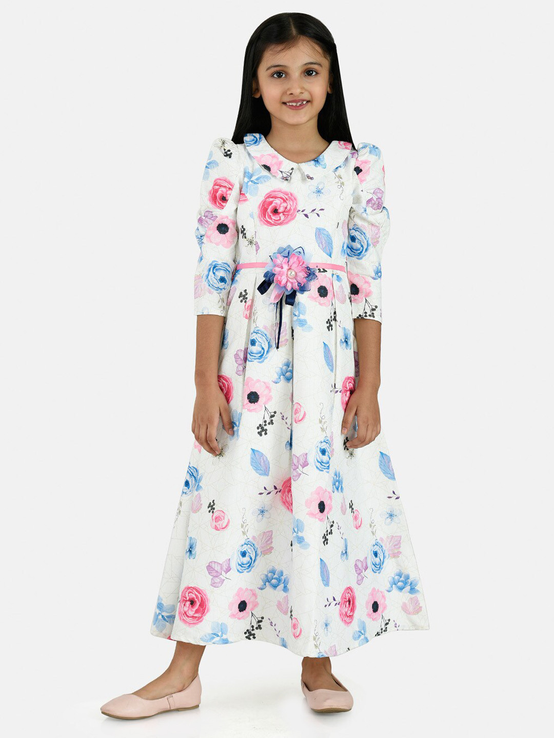 

Peppermint Girls Floral Printed Peter Pan Collar Puffed Sleeves Cotton A-Line Midi Dress, Pink