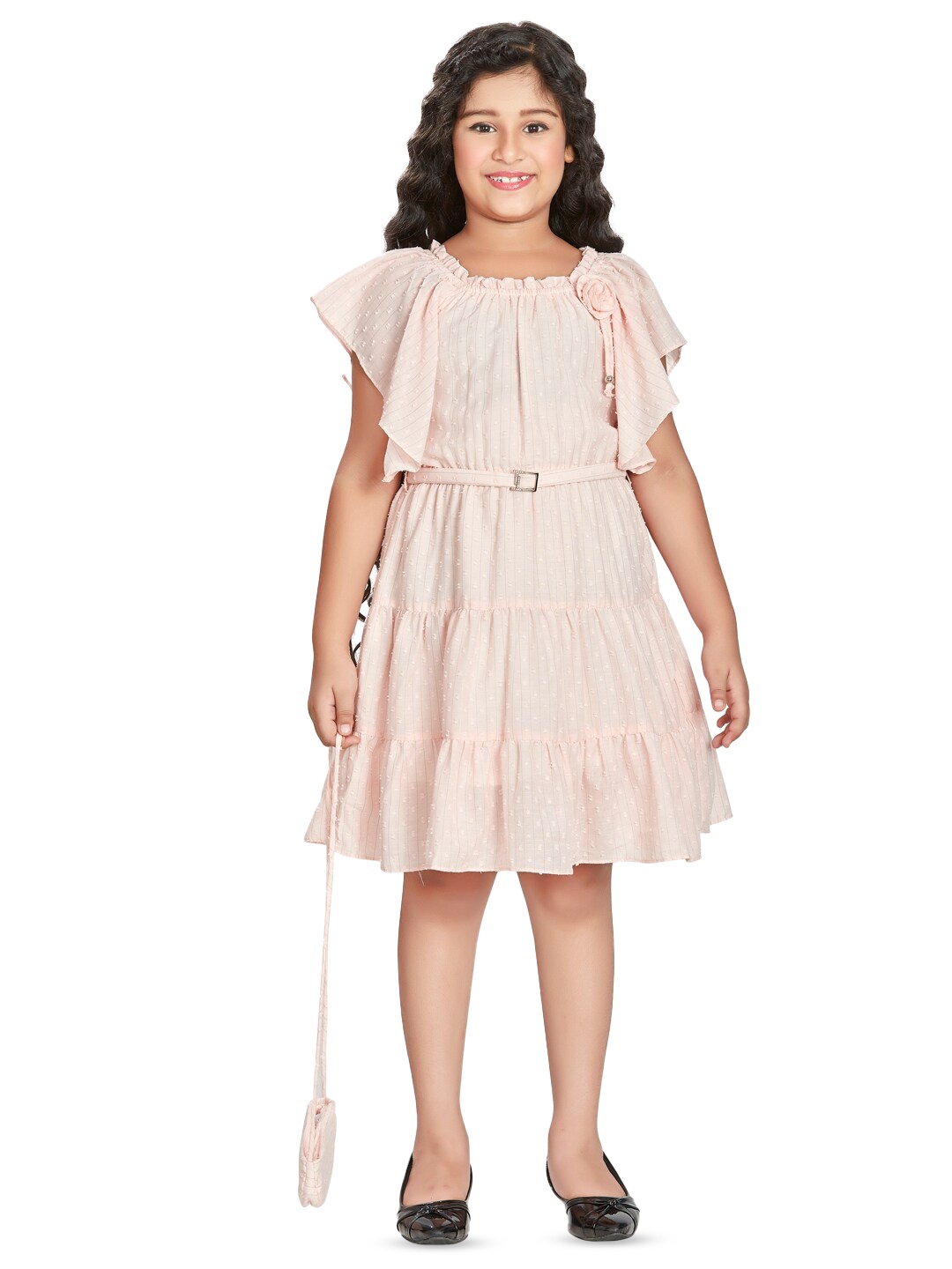 

Peppermint Girls Self Design Flutter Sleeve Pure Cotton A-Line Dress, Peach