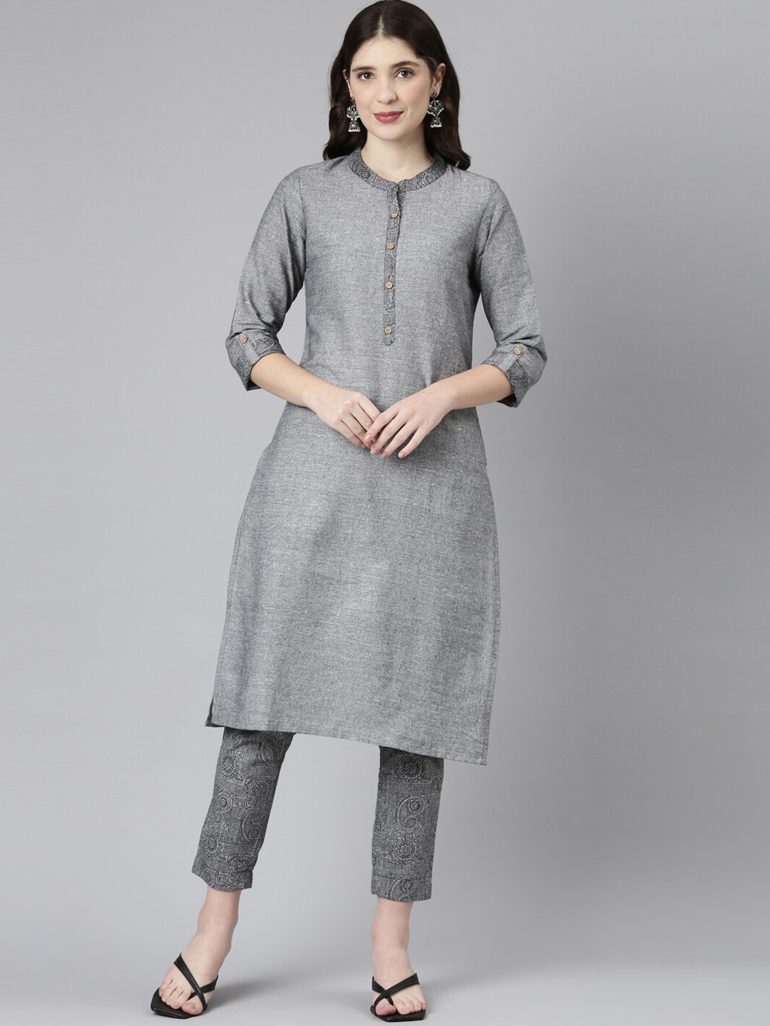 

Marcia Band Collar Pure Cotton Straight Kurta with Trousers, Grey