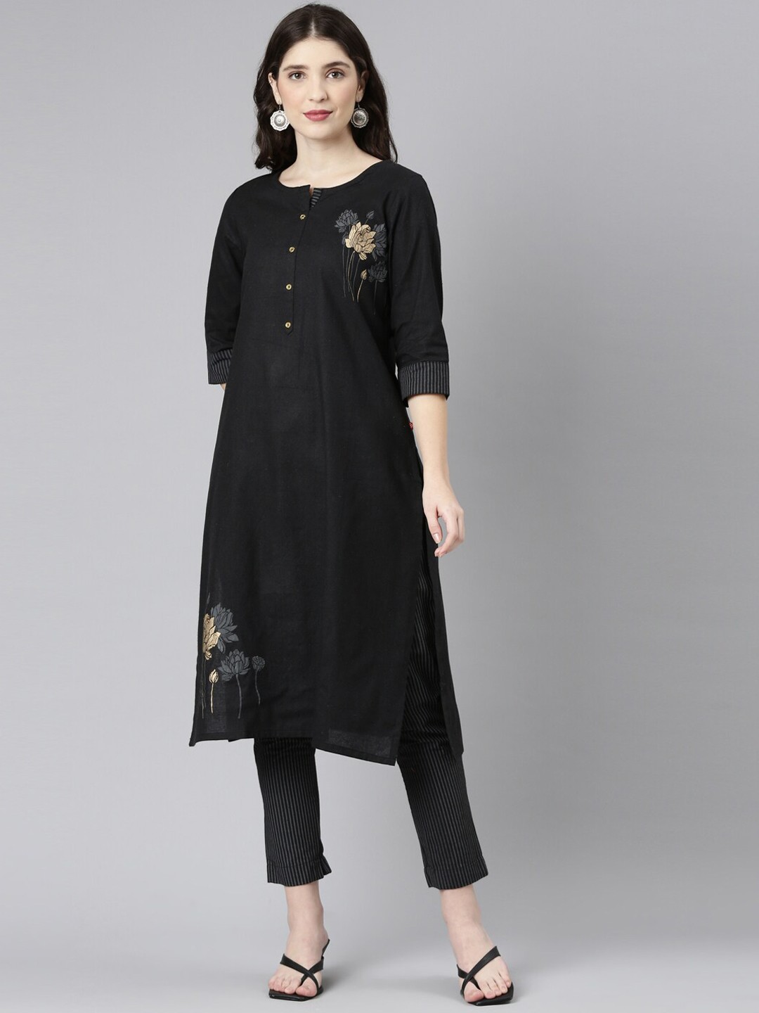 

Marcia Floral Printed Pure Cotton Kurta with Trousers, Black