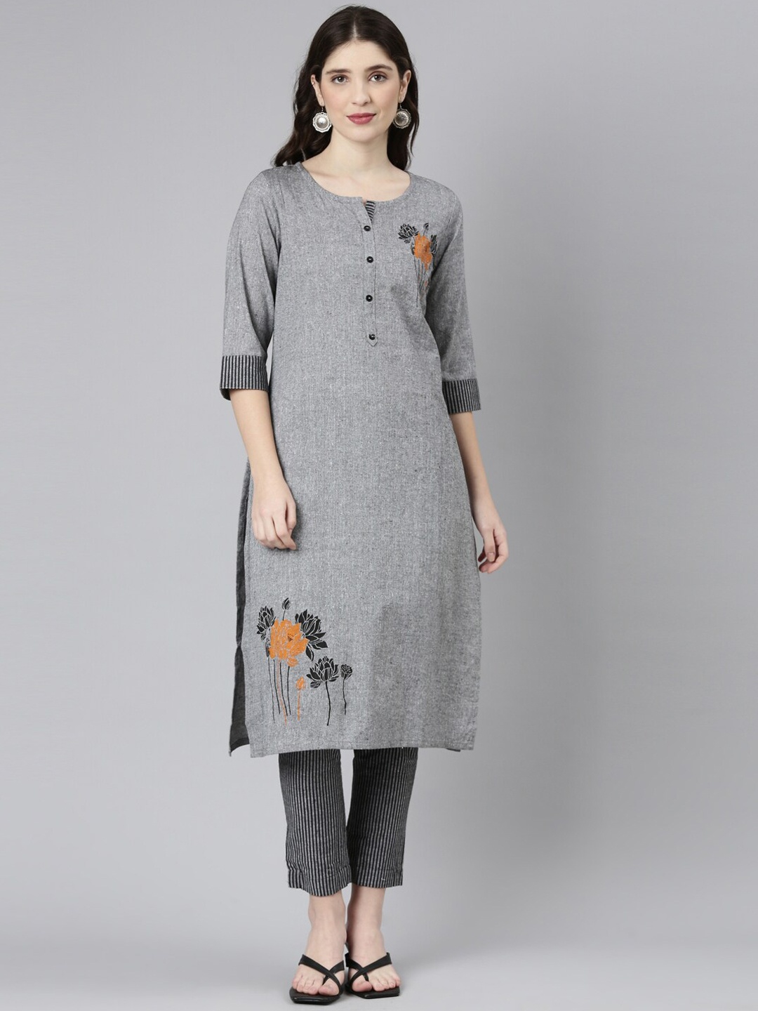 

Marcia Floral Printed Pure Cotton Straight Kurta with Trousers, Grey