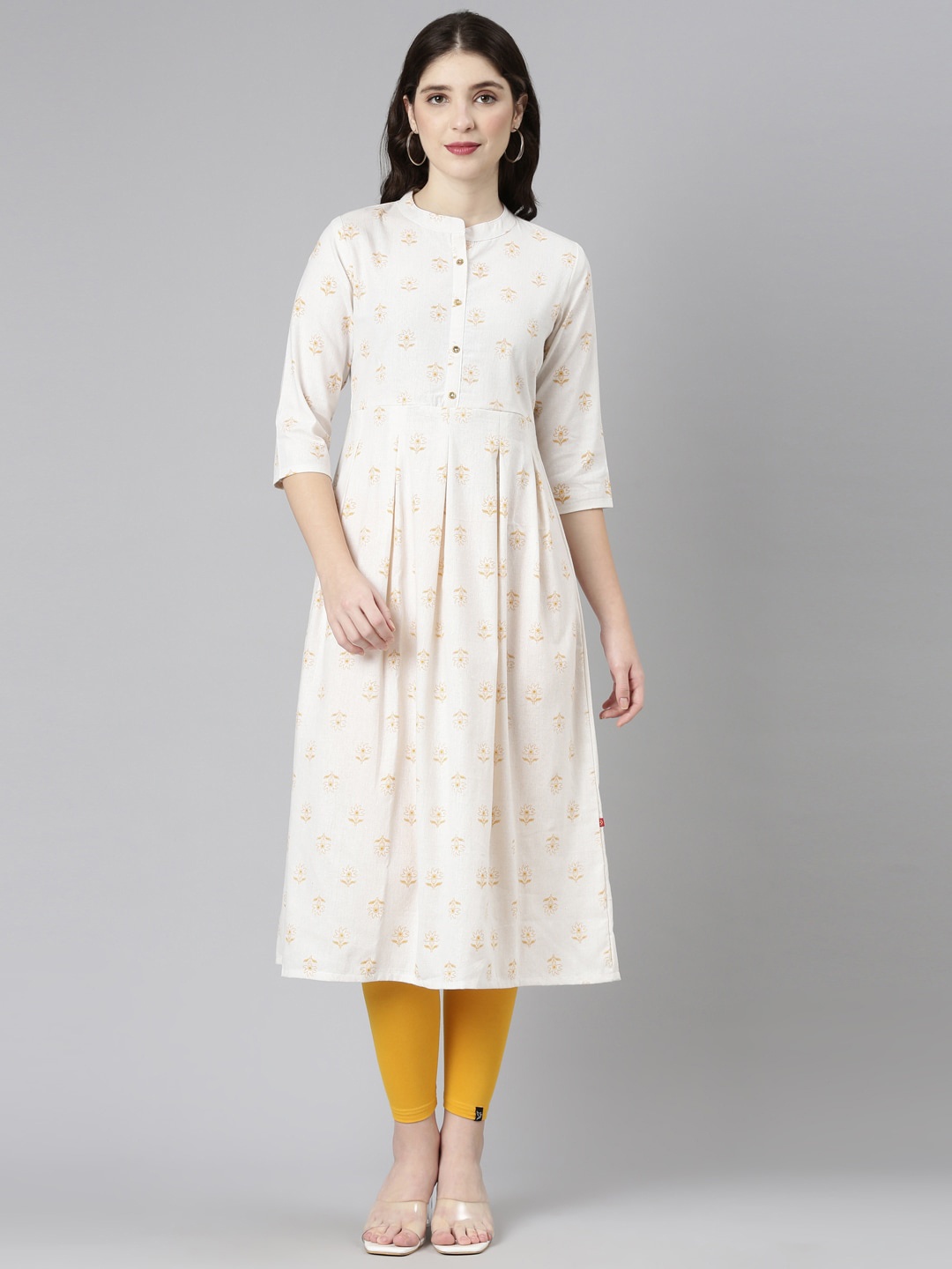 

Marcia Floral Printed Cotton A-Line Kurta, Mustard