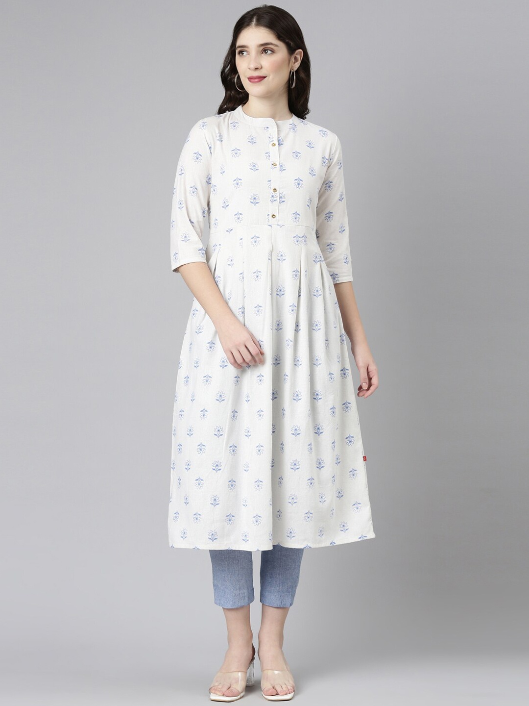 

Marcia Floral Printed Cotton A-Line Kurta, White