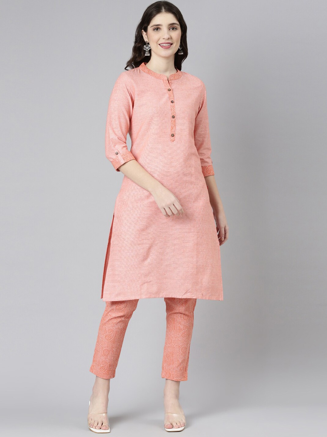 

Marcia Mandarin Collar Pure Cotton Kurta with Trousers, Peach