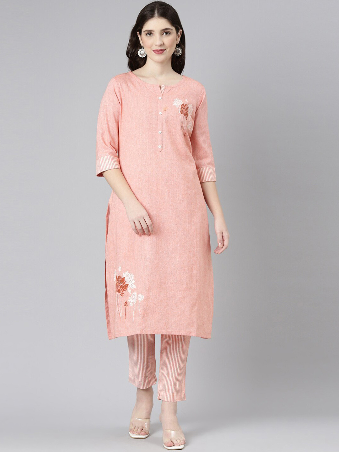 

Marcia Floral Printed Pure Cotton Straight Kurta with Trousers, Peach