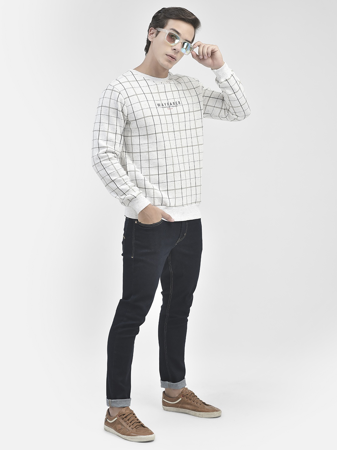 

Crimsoune Club Checked Cotton Sweatshirt, White