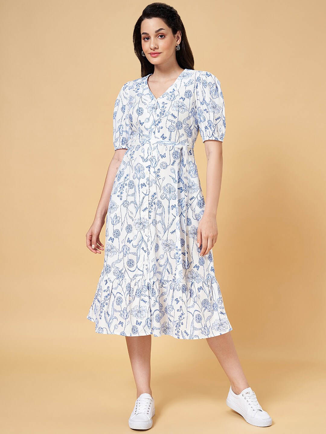 

Honey by Pantaloons Floral Printed V-Neck Belted Tiered Cotton A-Line Midi Dress, White
