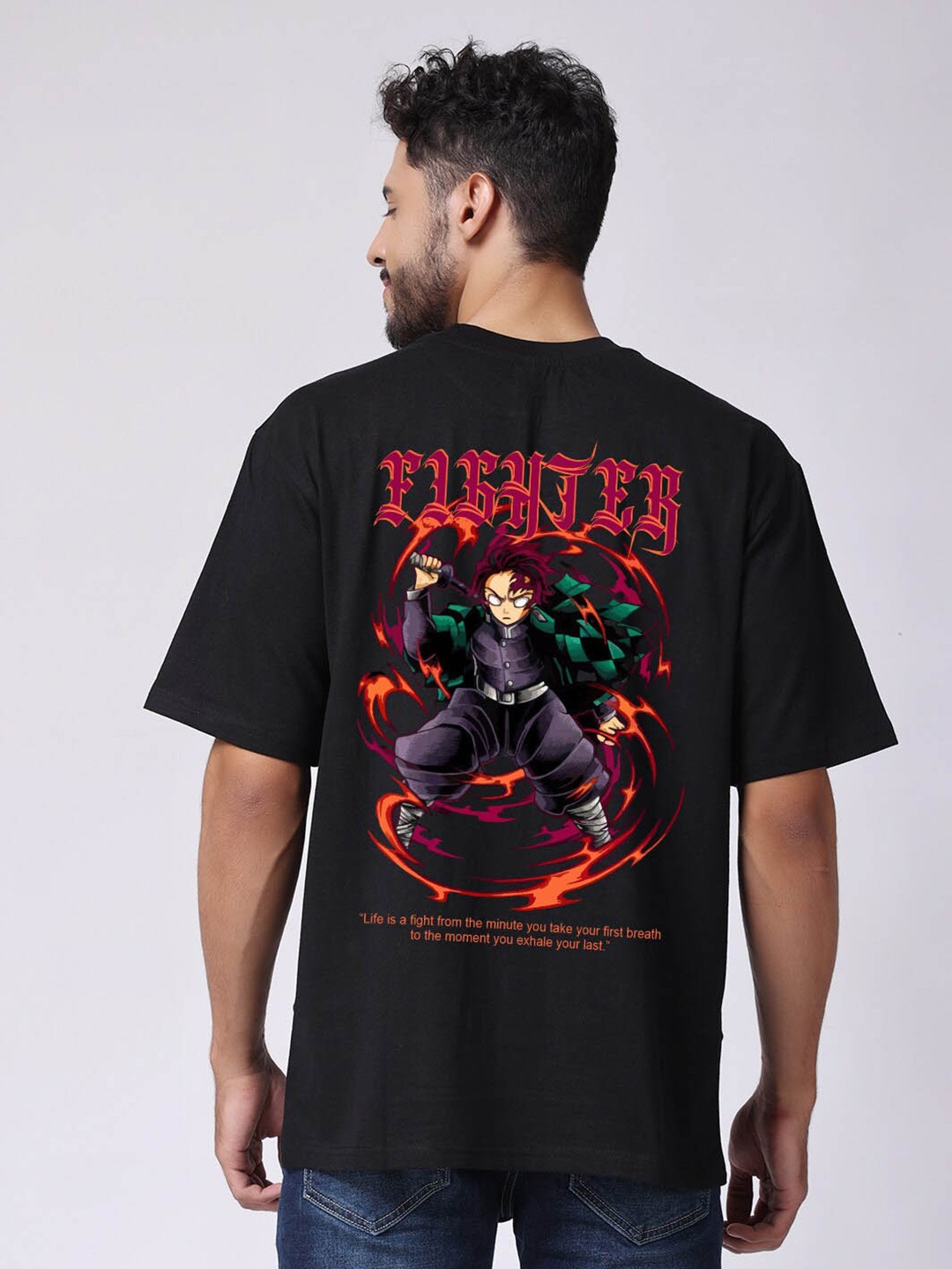 

The Label Bar Fighter Graphic Printed Drop-Shoulder Oversized Cotton T-Shirt, Black