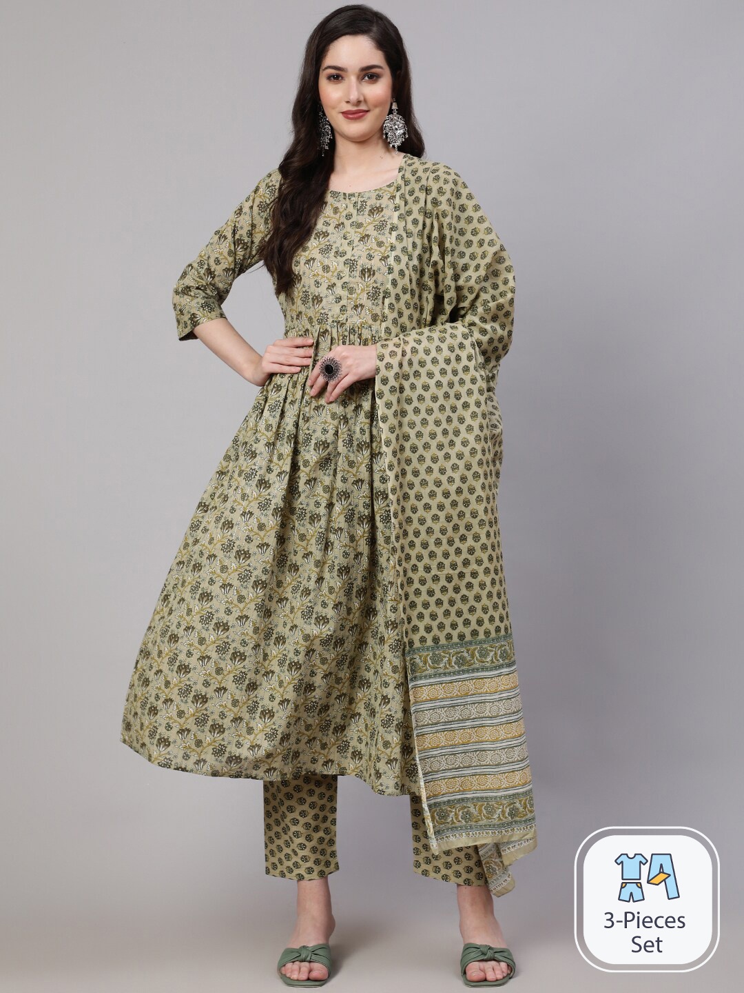 

Nayo Floral Printed Pure Cotton A-Line Kurta With Trousers & Dupatta, Green