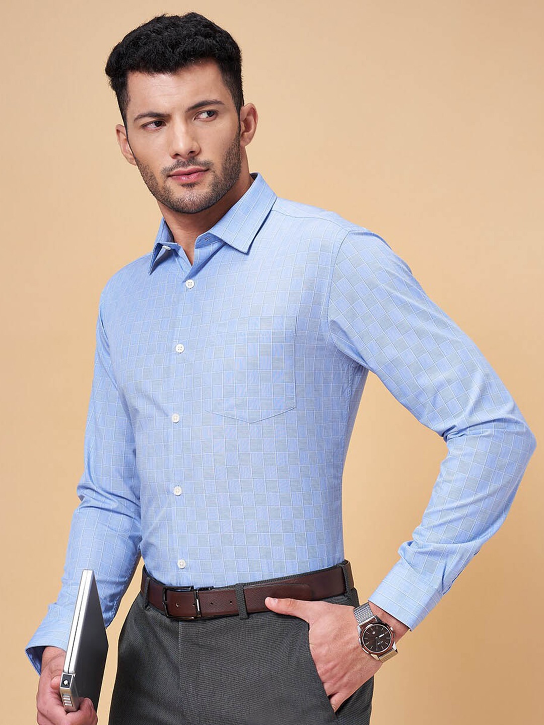 

Peregrine by Pantaloons Slim Fit Opaque Self Design Cotton Formal Shirt, Blue