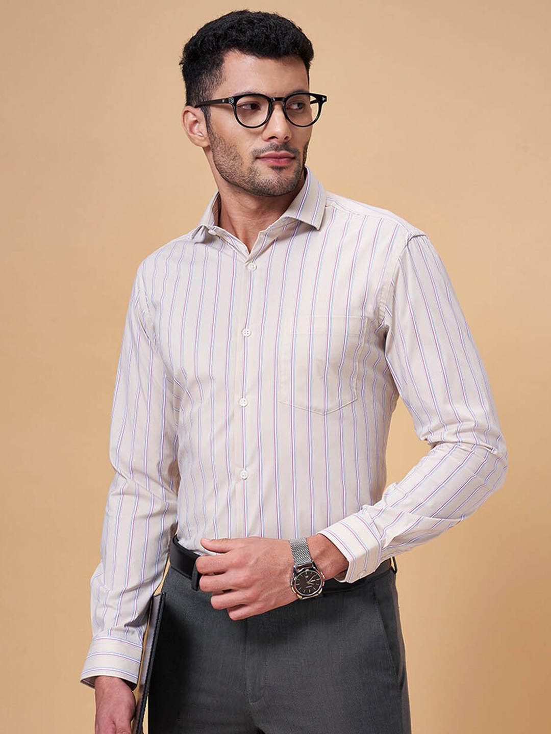 

Peregrine by Pantaloons Slim Fit Opaque Striped Cotton Formal Shirt, Beige