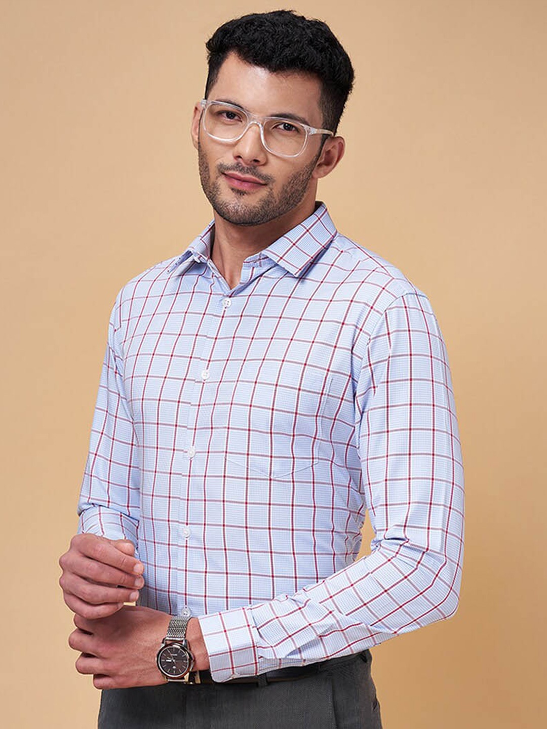 

Peregrine by Pantaloons Slim Fit Opaque Checked Cotton Formal Shirt, Blue