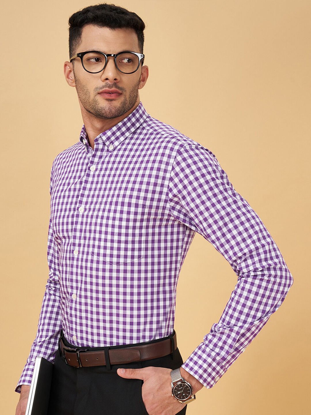 

Peregrine by Pantaloons Slim Fit Gingham Checks Opaque Cotton Formal Shirt, Purple