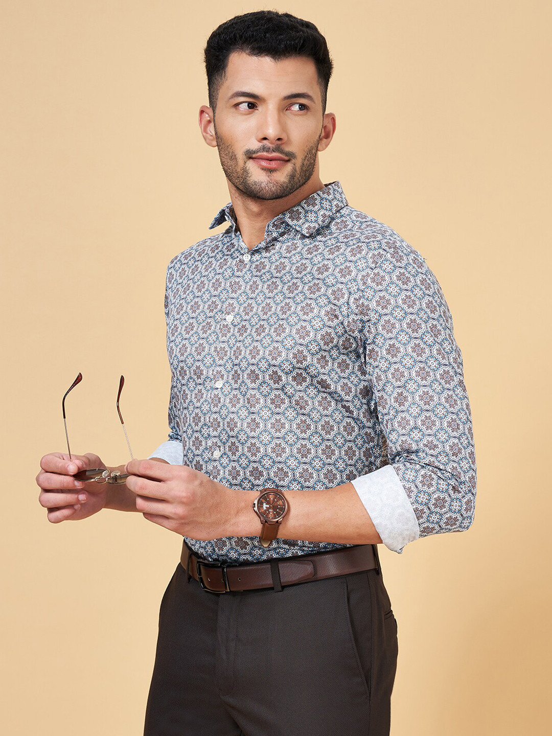 

Peregrine by Pantaloons Ethnic Motifs Printed Slim Fit Cotton Shirt, Blue