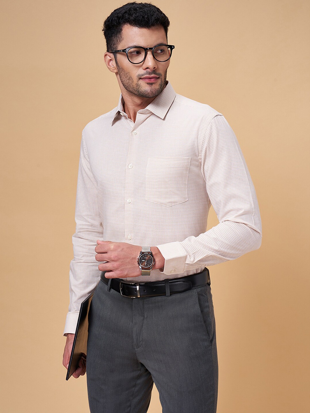 

Peregrine by Pantaloons Micro Checked Cotton Formal Shirt, Beige
