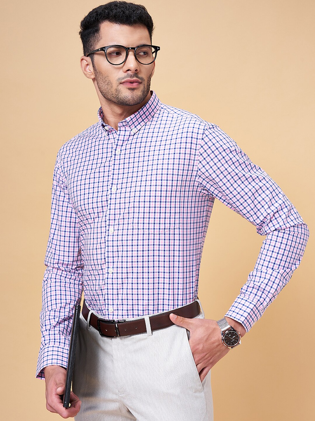 

Peregrine by Pantaloons Gingham Checked Slim Fit Cotton Formal Shirt, Pink