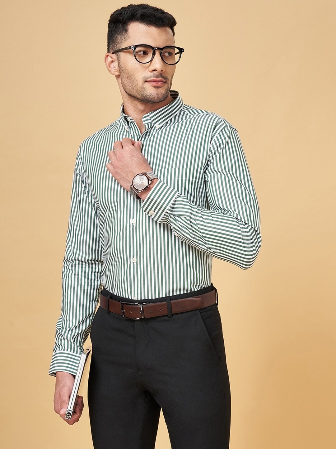 

Peregrine by Pantaloons Striped Slim Fit Cotton Formal Shirt, Olive
