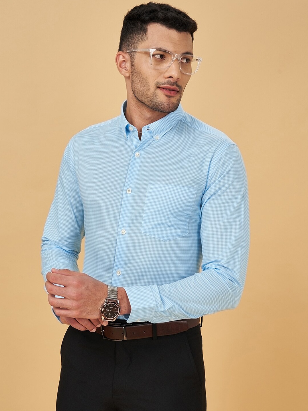 

Peregrine by Pantaloons Micro Checked Slim Fit Cotton Formal Shirt, Blue