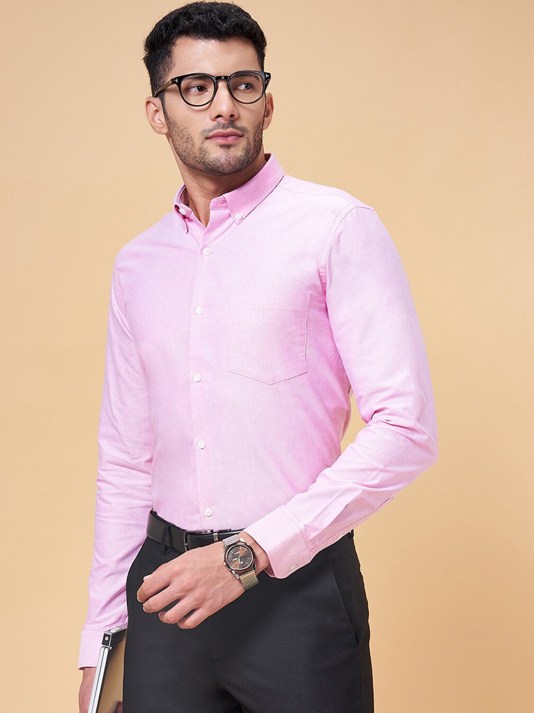 

Peregrine by Pantaloons Slim Fit Button Down Collar Cotton Formal Shirt, Pink