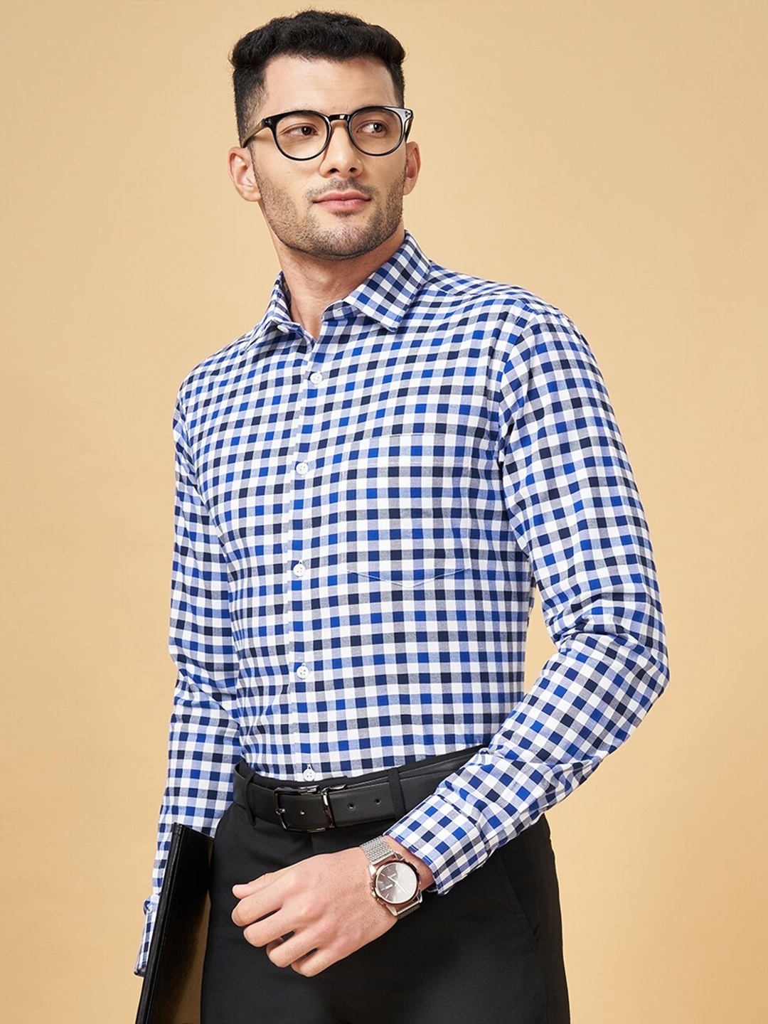 

Peregrine by Pantaloons Slim Fit Gingham Checked Cotton Formal Shirt, Blue