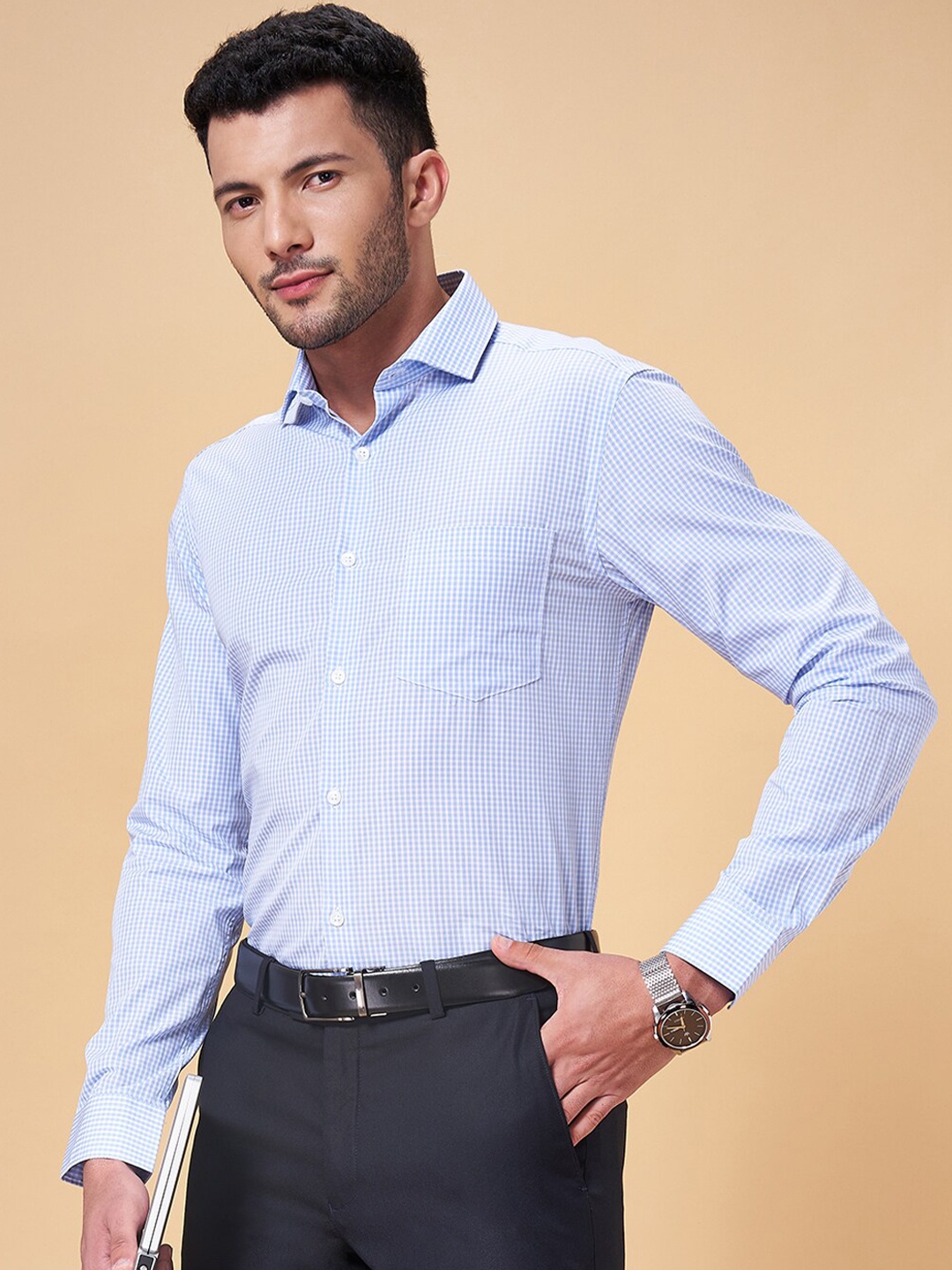 

Peregrine by Pantaloons Micro Checked Slim Fit Cotton Formal Shirt, Blue