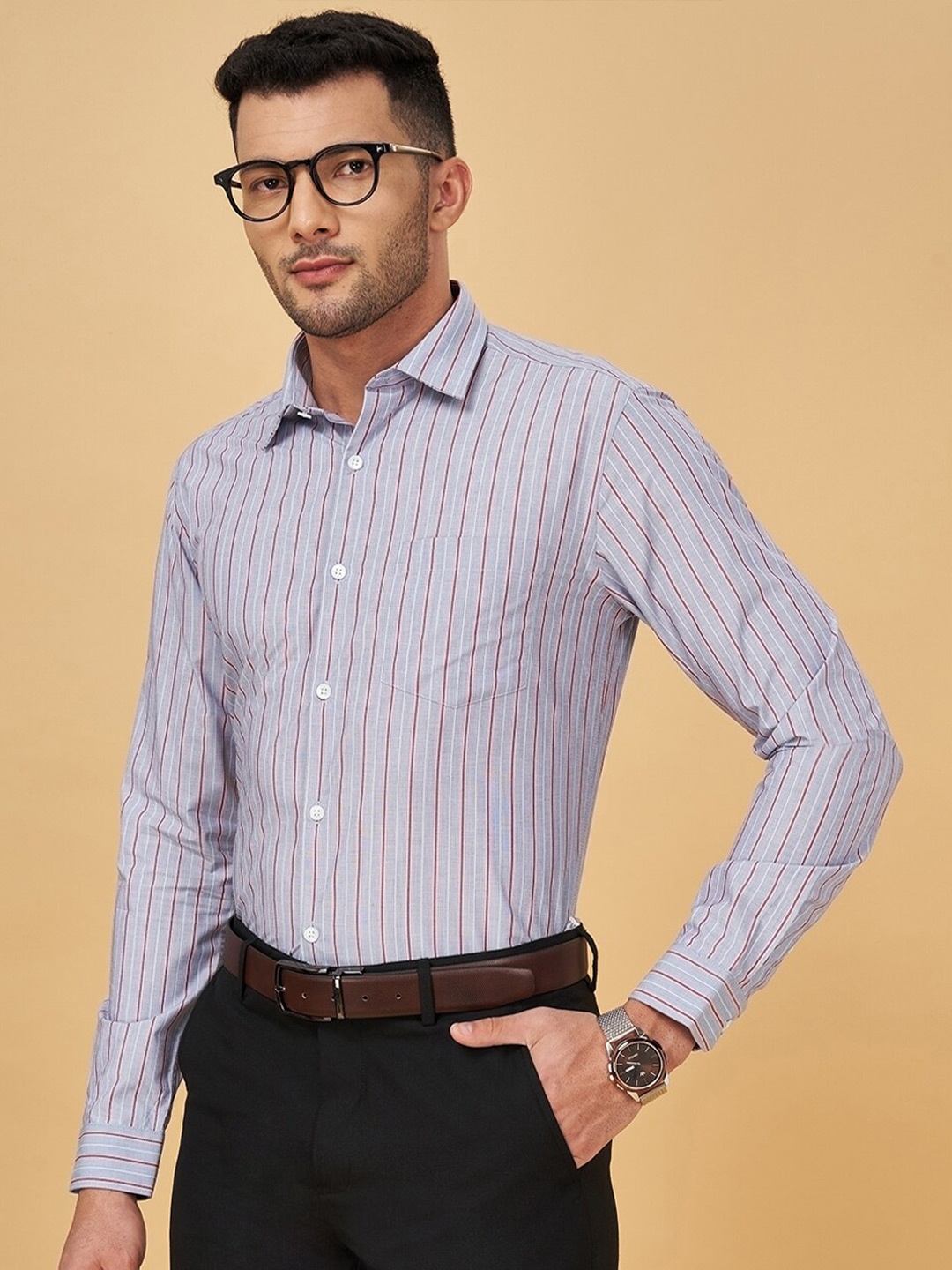 

Peregrine by Pantaloons Slim Fit Opaque Striped Cotton Formal Shirt, Grey