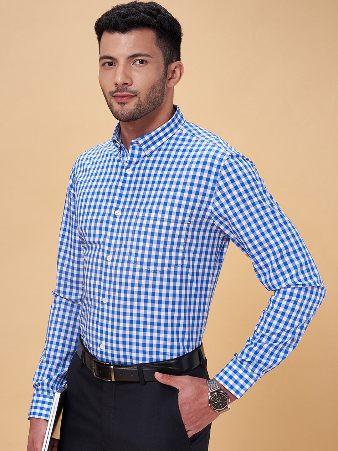 

Peregrine by Pantaloons Slim Fit Gingham Checked Button Down Collar Cotton Formal Shirt, Blue