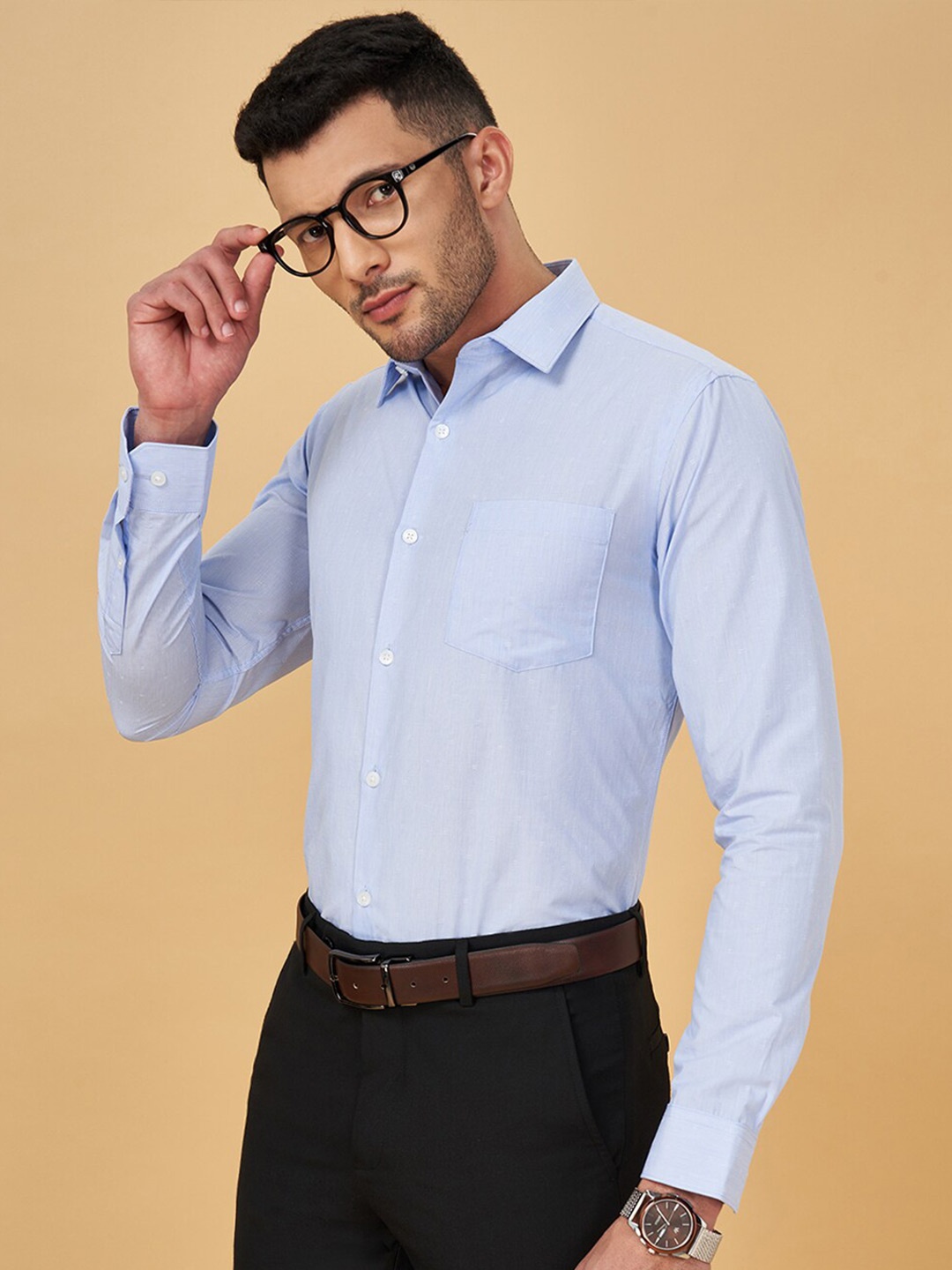 

Peregrine by Pantaloons Slim Fit Self Design Opaque Cotton Formal Shirt, Blue