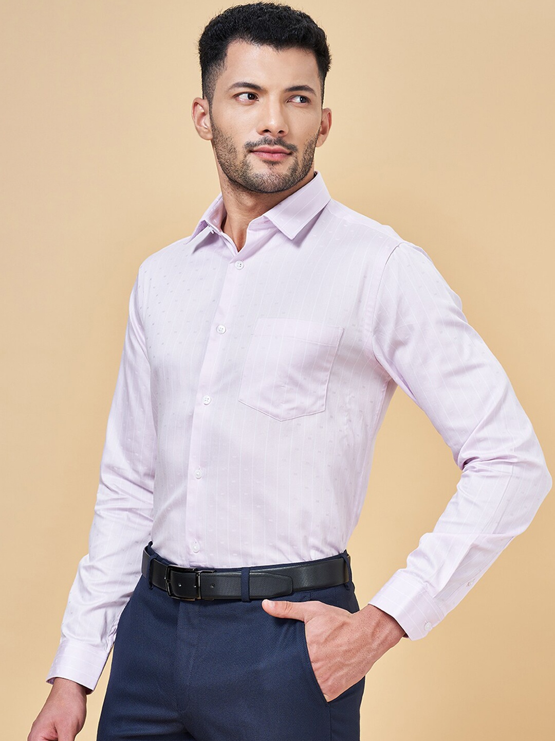 

Peregrine by Pantaloons Vertical Striped Slim Fit Spread Collar Cotton Formal Shirt, Pink